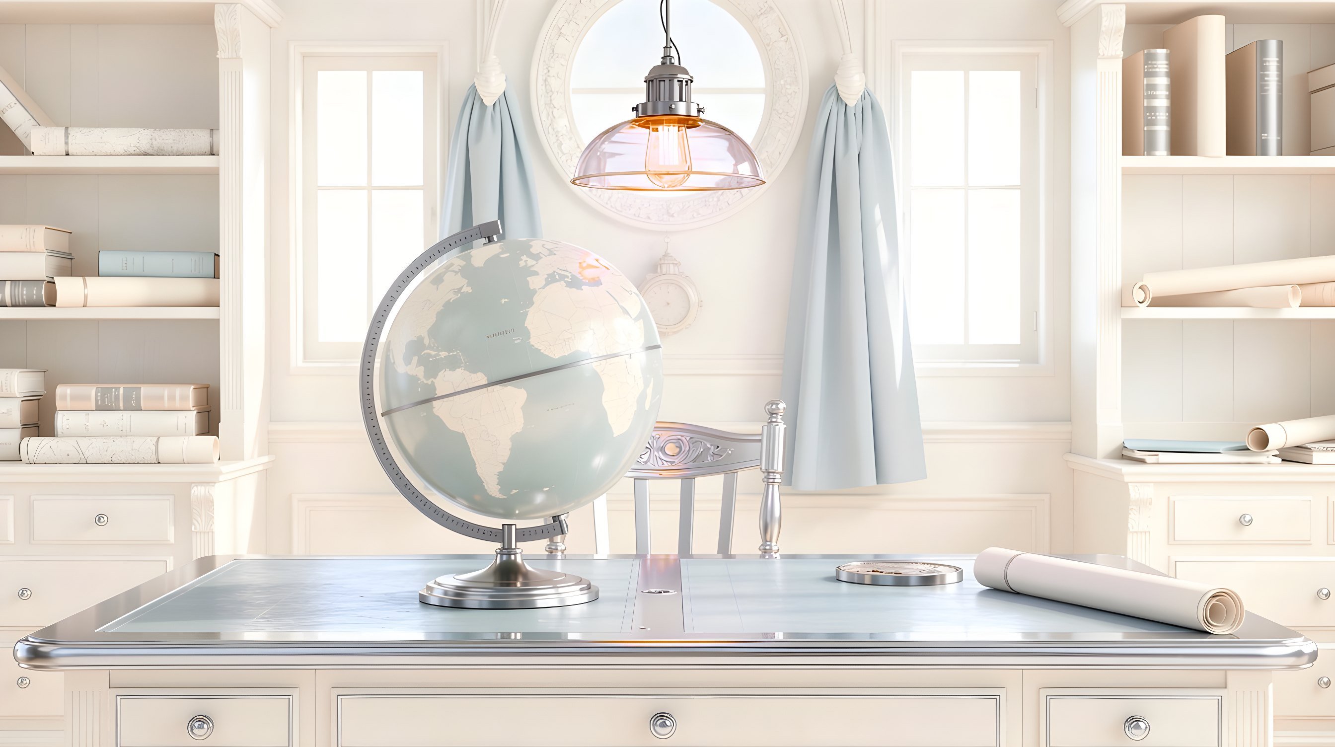 Illustration: a plain antique globe on a dark navigation table in a map room, a glass pendant lamp casting soft violet light across it.